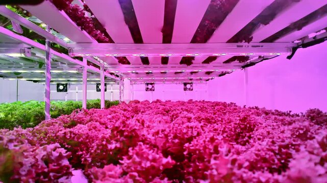Rows of leafy greens grow on indoor vertical racks under pink LED grow lights in a controlled environment farm.
