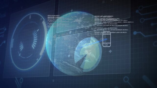 Wireless node pulsing, transparent globe rotating while icons fading and lines forming global link