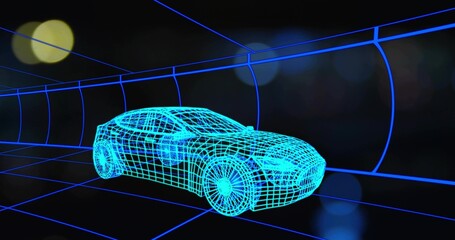 Gliding neon-blue wireframe car model navigating virtual 3D tunnel, with glowing grid floor © vectorfusionart