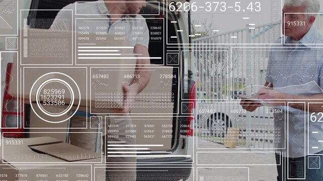 Two men in polos and button-downs unloading boxes and checking clipboard at gated curbside by van