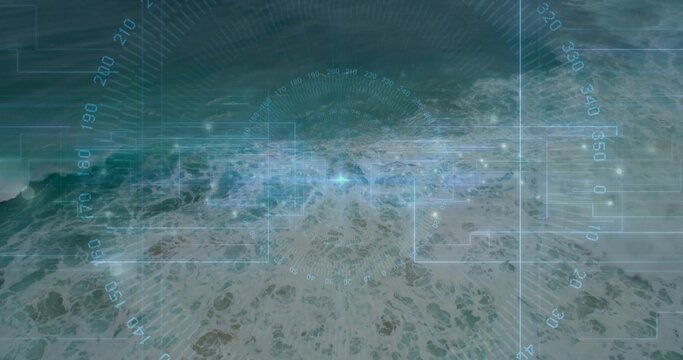 Scanning aerial ocean surface from top-down vantage, displaying translucent HUD grids and waypoints