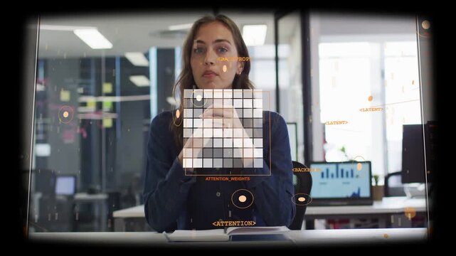 Adult woman separating hands, activating holographic grid and manipulating orange data dashboard UI