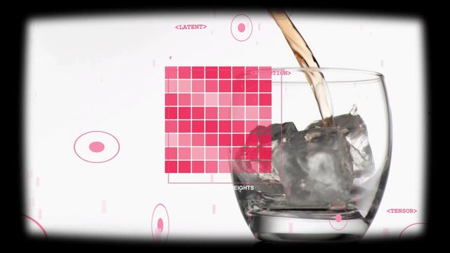 Vertical video: Pouring brown liquid from top-right into glass over ice in studio, filling glass