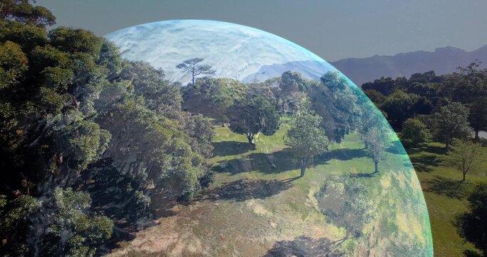 Floating translucent globe overlaying verdant meadow from aerial view, casting long tree shadows