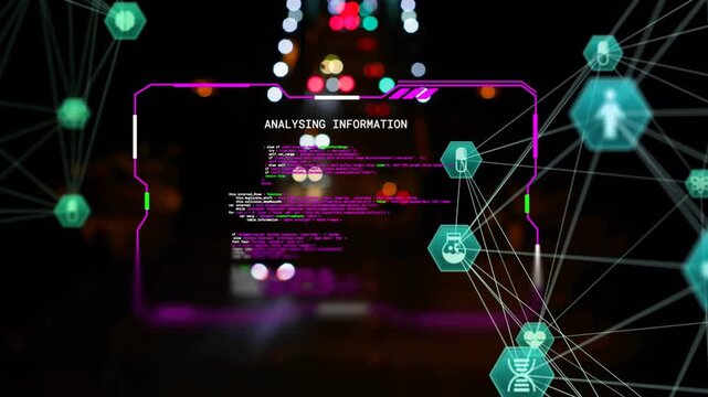 Vertical video: Magenta HUD nodes rising over road code scrolling icons pulsing parsing health data
