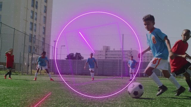 Soccer #8 receiving ball, dribbling, evading defender keeping control while neon shapes overlaying