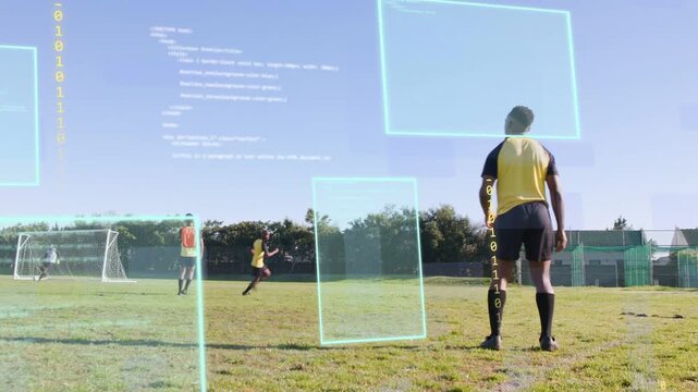 Male player throwing ball on soccer pitch, causing team sprinting to contest goal, HUD analyzing