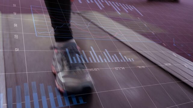 Fitness runner placing foot on treadmill HUD updating charts measuring foot strike and toe-off