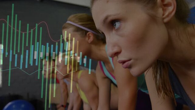 Front woman gripping bench dumbbells, doing bent-over fitness reps, animated bars rising over group