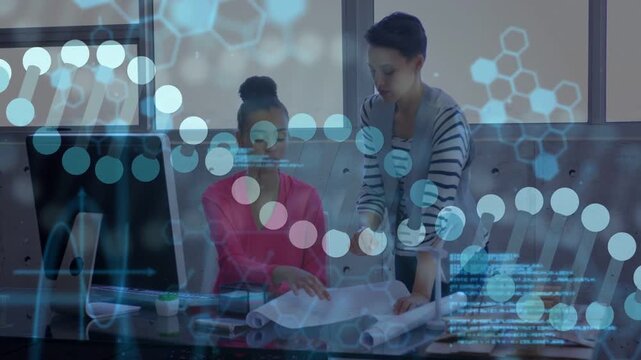 Standing woman pointing guiding seated woman scanning tech plans using screen hex overlay drifting