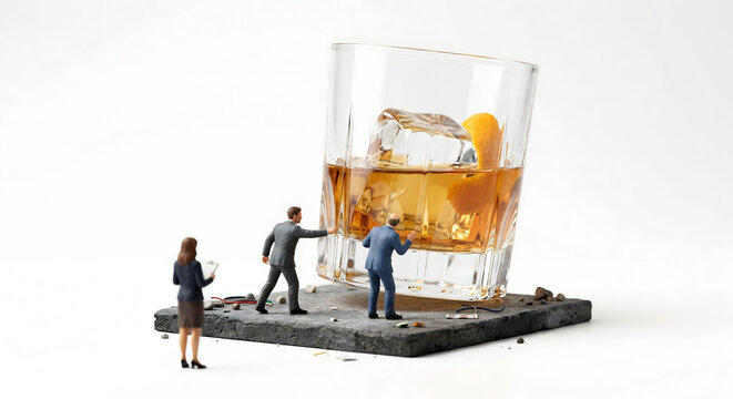 アルコールハラスメントを象徴するミニチュア。巨大なウイスキーグラスを強要される社員

