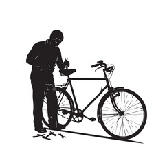 Fototapeta premium A male silhouette attentively repairs a bicycle, equipped with tools scattered on the ground, highlighting the process of maintenance and mechanical work