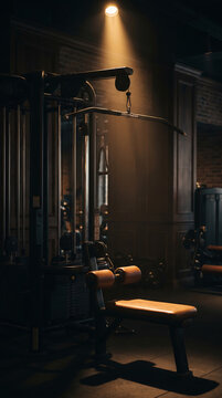 Lat Pulldown Machine Under Single Spotlight in Dark High-End Gym