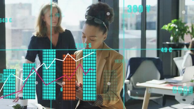 Seated woman scrolling tablet in office causing animated finance charts rising while analyzing data