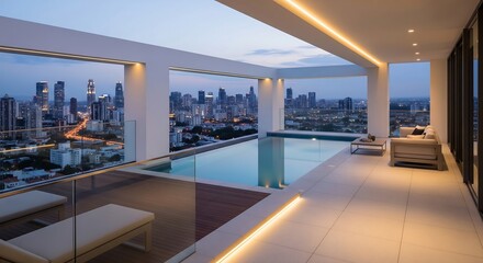 Fototapeta premium Luxury Rooftop Oasis: A modern rooftop space features a shimmering pool, contemporary furniture, and expansive city views, the perfect blend of relaxation and urban sophistication.