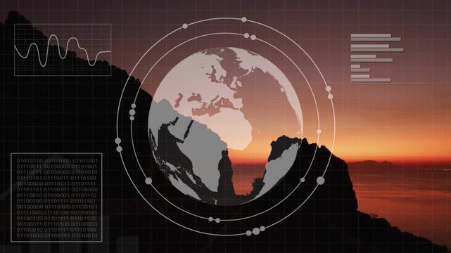 Faint globe appearing over coastal sunset, rotating as rings and HUD panels building to show data
