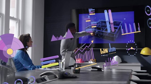 Lead tapping tablet animating 3D model and charts, engineer entering with vest handing site docs