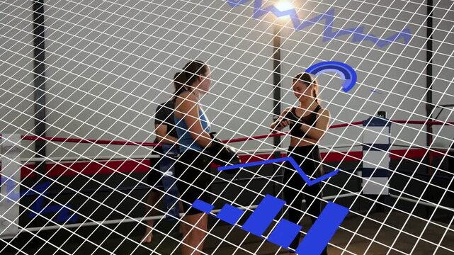 Boxing athletes adjusting gloves in ring, HUD rising from lower-right, coach entering to instruct