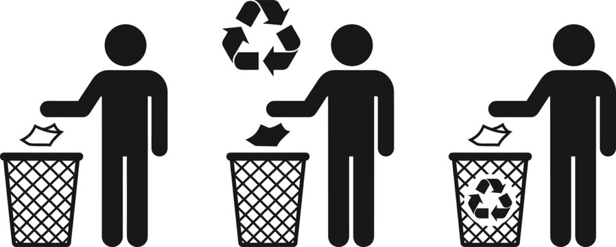 Recycling Waste Disposal Icons Featuring Stick Figures with Recycling Bins for Environmental, Waste Management, and Sustainability Designs