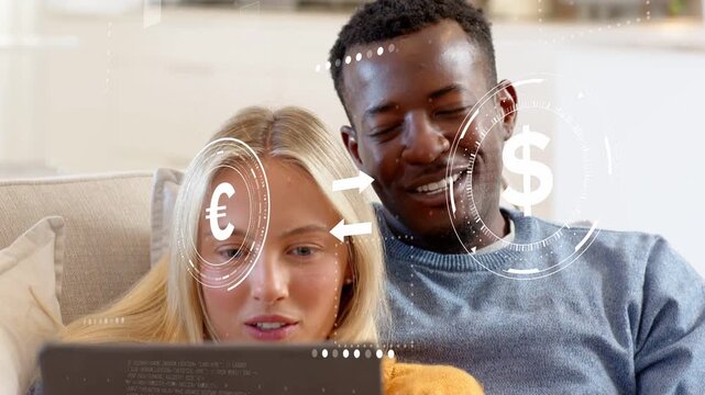 Couple on couch checking exchange rates, woman tapping tablet and man reacting while HUD animating