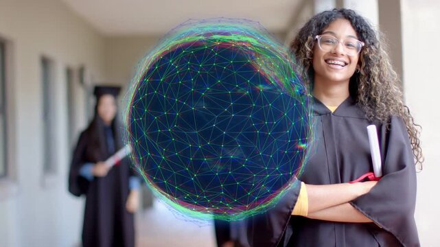 Front grad holding scroll smiling in hall, holo orb appearing, occluding torso, marking graduation