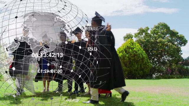 Globe overlay moving causing grads clapping on lawn stepping adjusting caps huddling for graduation
