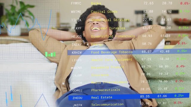 Man reclining on sofa, market charts scrolling across chest, reacting with smile and stretch