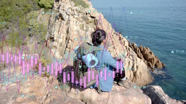 Woman hiker pausing on cliff scanning sea adjusting pack causing tech bars line graph mapping coast