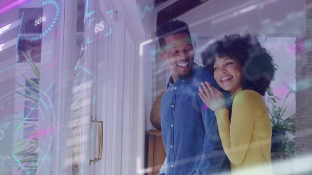 Couple turning left after smart HUD alert, checking animated percent meters over glass doors