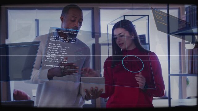 Coworkers tapping tablet and navigating holo exec dashboard for business review, confirming metrics