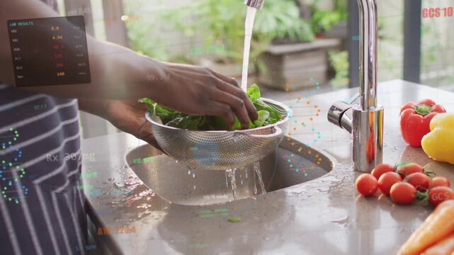Man placing colander under faucet rinsing greens to prep meal, digital overlays showing water flow