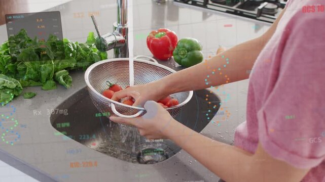 Woman placing colander under faucet, washing tomatoes by scrubbing and rotating for cooking