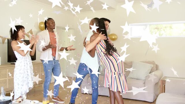 Man with sash leaning back sparking group cheering tossing confetti at party, star overlay pulsing