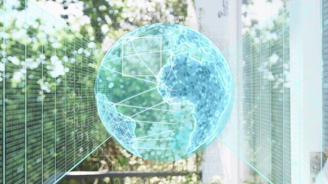 Woman at glass door holding neck watching tech 3D-globe rising over trees aligning shoulder mapping