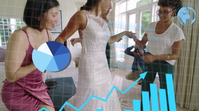 Bridal party holding while helper reaching bride, photog kneeling, tech charts overlaying for shots