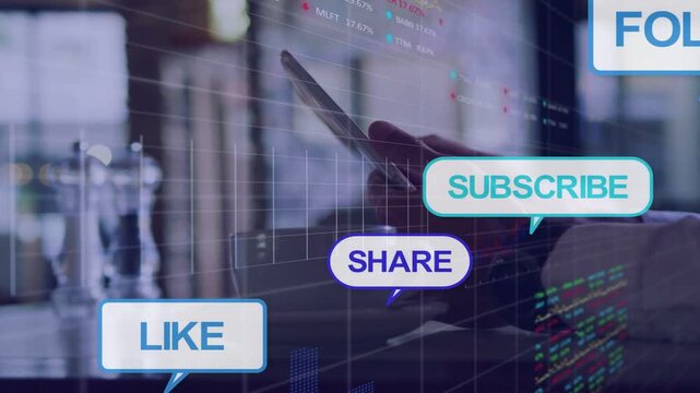 Man tapping phone on cafe table, bringing LIKE or SHARE or SUBSCRIBE bubbles, graphs, driving reach