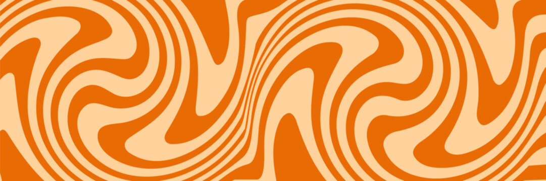 Retro caramel line background. Salted caramel liquid desert texture. Wavy swirl candy pattern for poster, cover, banner, pamphlet. Orange nougat hippie wallpaper in 60s or 70s style. Vector