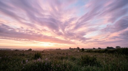 Fototapeta premium Dramatic sunset over a field with vibrant clouds and a beautiful landscape.