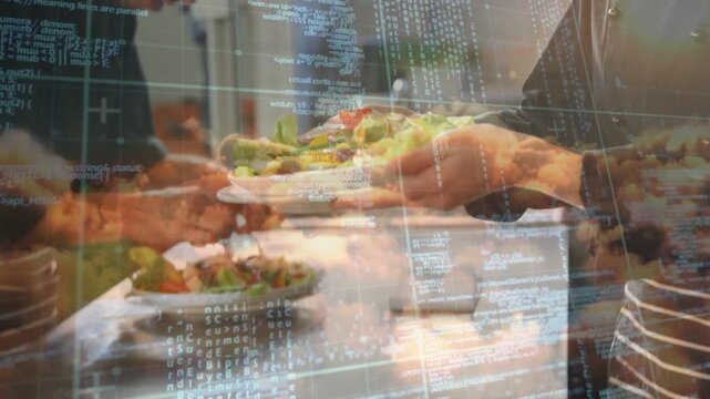 Server holding plate after cook plating on pass code overlay scrolling over hands for food service