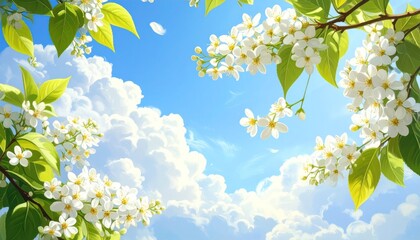 Obraz premium White blossoms on leafy branches stretch across a vivid blue sky with drifting fluffy clouds
