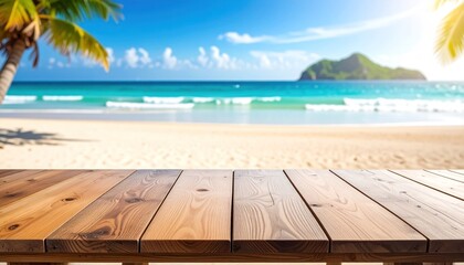 Fototapeta premium Wooden deck overlooks tropical beach with palm trees, clear water, and a distant island under bright sky