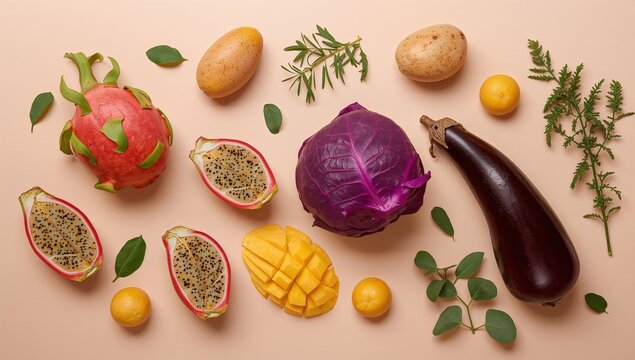 Creative fruit composition with dragon fruit mango and herbs colorful flat lay organic food photography