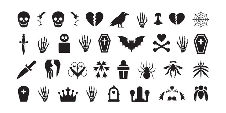 Gothic and Halloween Silhouette Icon Set with Skulls Bats and Coffins