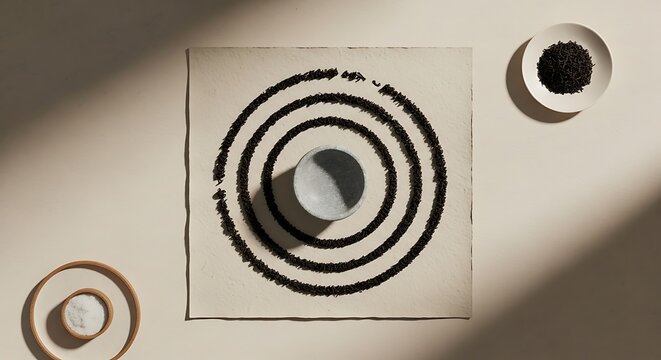 A minimal aesthetic display featuring ctc tea arranged in concentric circles around a small stone bowl on a textured paper surface for a zen composition