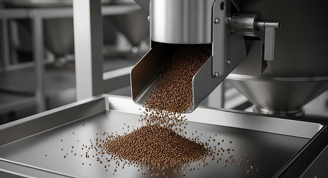Industrial ctc tea processing machinery dispensing high quality tea granules into a stainless steel tray in a professional food production facility unit