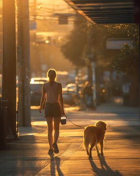 Young woman walking dog on urban street during sunset  