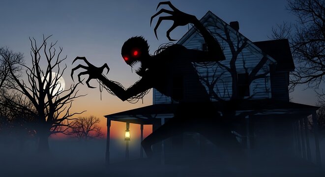 Scary Haunted House Scene with Dark Monster and Red Eyes at Night