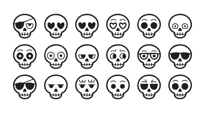 Collection of Skull Emoticon Icons with Different Moods