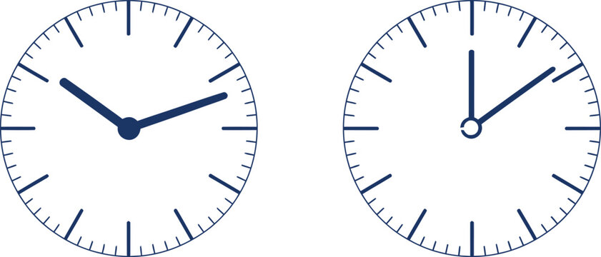 Two dark blue analog clocks on white background time