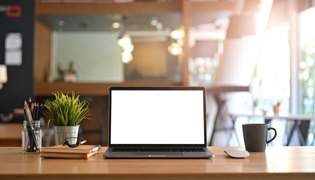 Cozy workspace with laptop, plants, and coffee on wooden desk in bright, modern office setting